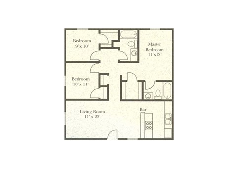 Floor plan for 3 beds, 2 baths, 1100 sqft